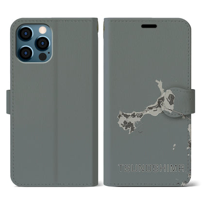 【角島（山口県）】地図柄iPhoneケース（手帳タイプ）モノトーン・iPhone 12 / 12 Pro 用