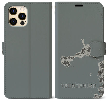 【角島（山口県）】地図柄iPhoneケース（手帳タイプ）モノトーン・iPhone 12 Pro Max 用