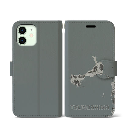 【角島（山口県）】地図柄iPhoneケース（手帳タイプ）モノトーン・iPhone 12 mini 用