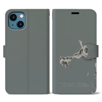 【角島（山口県）】地図柄iPhoneケース（手帳タイプ）モノトーン・iPhone 13 用