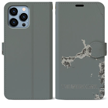 【角島（山口県）】地図柄iPhoneケース（手帳タイプ）モノトーン・iPhone 13 Pro Max 用