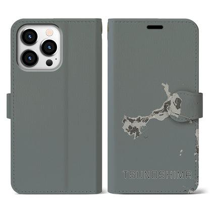 【角島（山口県）】地図柄iPhoneケース（手帳タイプ）モノトーン・iPhone 13 Pro 用