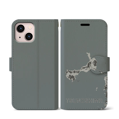 【角島（山口県）】地図柄iPhoneケース（手帳タイプ）モノトーン・iPhone 13 mini 用