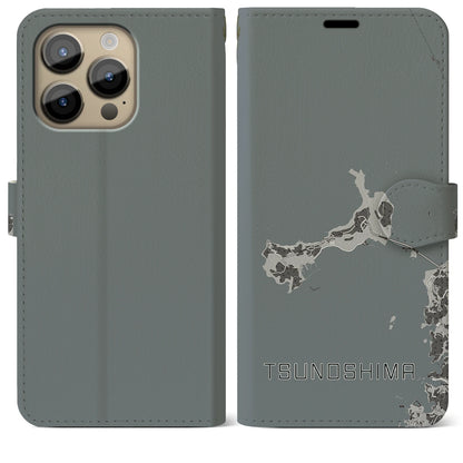 【角島（山口県）】地図柄iPhoneケース（手帳タイプ）モノトーン・iPhone 14 Pro Max 用