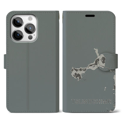 【角島（山口県）】地図柄iPhoneケース（手帳タイプ）モノトーン・iPhone 14 Pro 用