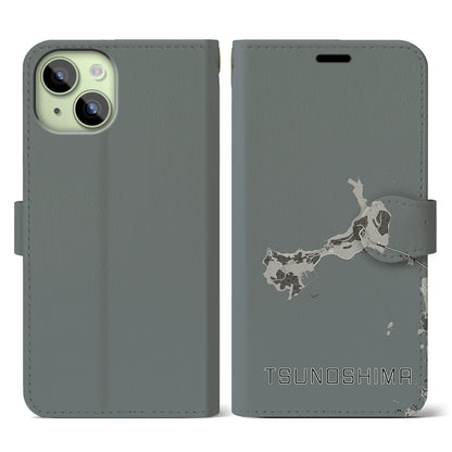 【角島（山口県）】地図柄iPhoneケース（手帳タイプ）モノトーン・iPhone 15 用