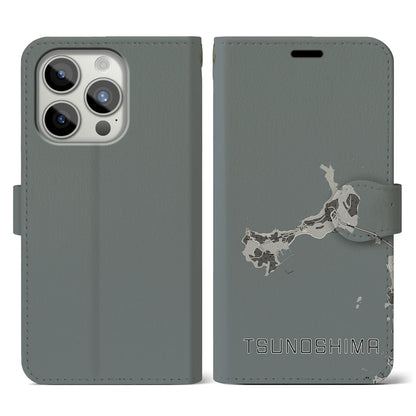 【角島（山口県）】地図柄iPhoneケース（手帳タイプ）モノトーン・iPhone 15 Pro 用