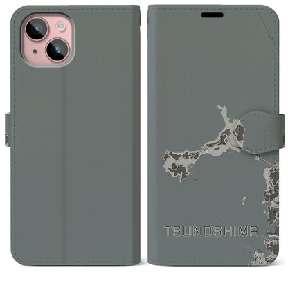 【角島（山口県）】地図柄iPhoneケース（手帳タイプ）モノトーン・iPhone 15 Plus 用