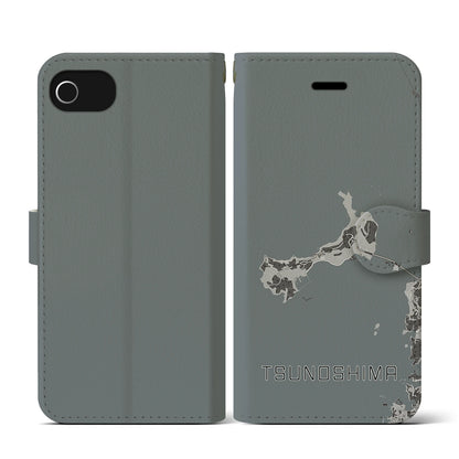 【角島（山口県）】地図柄iPhoneケース（手帳タイプ）モノトーン・iPhone SE（第3 / 第2世代） / 8 / 7 / 6s / 6 用