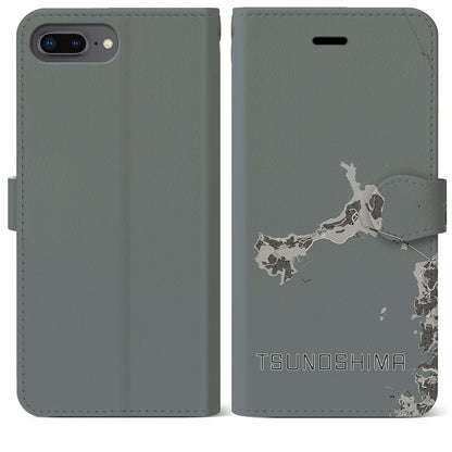 【角島（山口県）】地図柄iPhoneケース（手帳タイプ）モノトーン・iPhone 8Plus /7Plus / 6sPlus / 6Plus 用