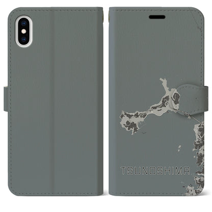 【角島（山口県）】地図柄iPhoneケース（手帳タイプ）モノトーン・iPhone XS Max 用