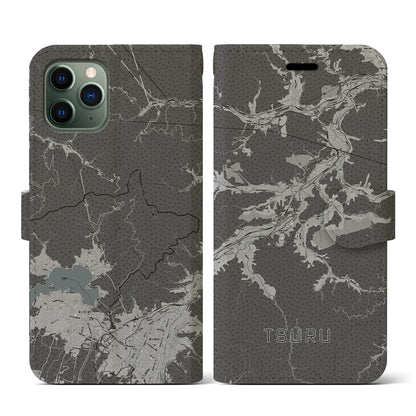 【都留（山梨県）】地図柄iPhoneケース（手帳タイプ）モノトーン・iPhone 11 Pro 用