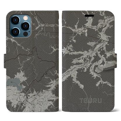 【都留（山梨県）】地図柄iPhoneケース（手帳タイプ）モノトーン・iPhone 12 / 12 Pro 用