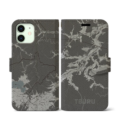 【都留（山梨県）】地図柄iPhoneケース（手帳タイプ）モノトーン・iPhone 12 mini 用