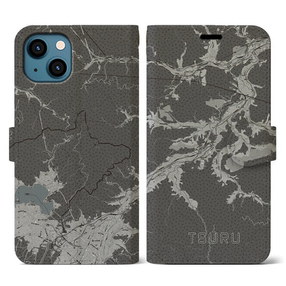 【都留（山梨県）】地図柄iPhoneケース（手帳タイプ）モノトーン・iPhone 13 用