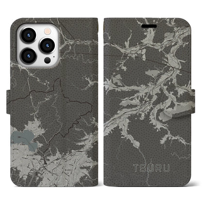 【都留（山梨県）】地図柄iPhoneケース（手帳タイプ）モノトーン・iPhone 13 Pro 用