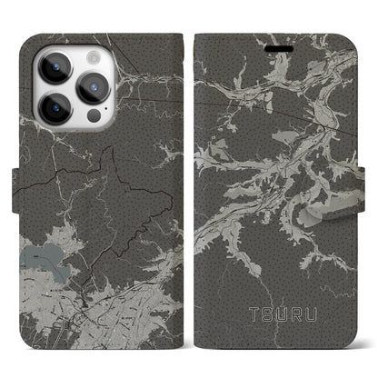 【都留（山梨県）】地図柄iPhoneケース（手帳タイプ）モノトーン・iPhone 14 Pro 用