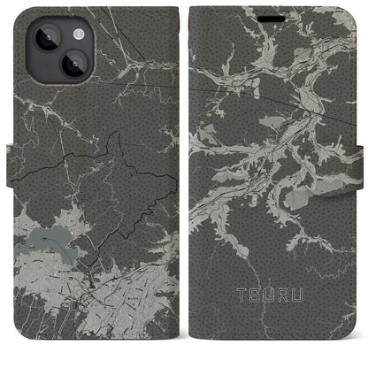 【都留（山梨県）】地図柄iPhoneケース（手帳タイプ）モノトーン・iPhone 14 Plus 用