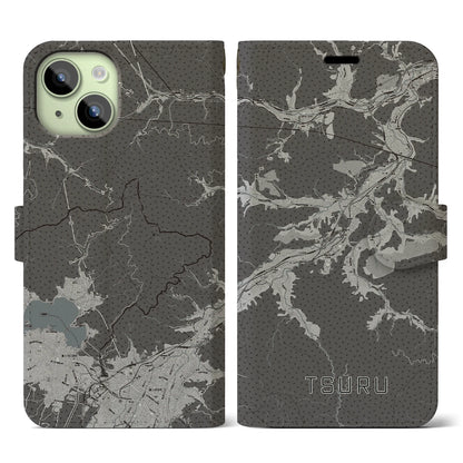 【都留（山梨県）】地図柄iPhoneケース（手帳タイプ）モノトーン・iPhone 15 用