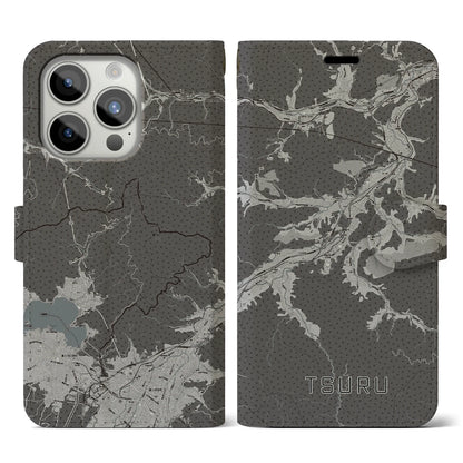 【都留（山梨県）】地図柄iPhoneケース（手帳タイプ）モノトーン・iPhone 15 Pro 用