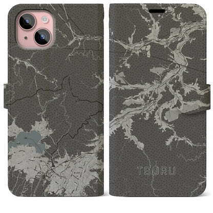 【都留（山梨県）】地図柄iPhoneケース（手帳タイプ）モノトーン・iPhone 15 Plus 用
