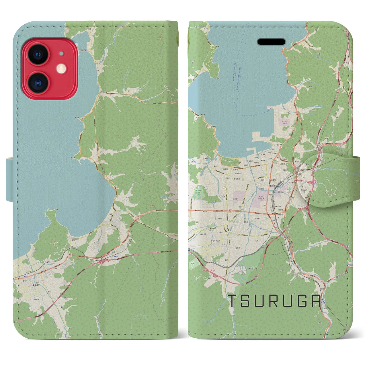 【敦賀】地図柄iPhoneケース（手帳両面タイプ・ナチュラル）iPhone 11 用