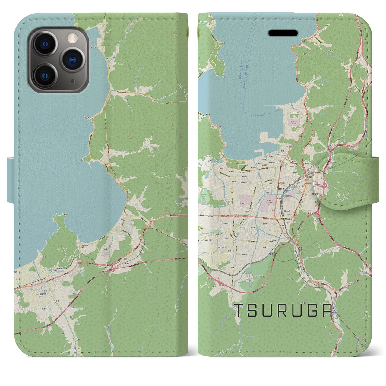 【敦賀】地図柄iPhoneケース（手帳両面タイプ・ナチュラル）iPhone 11 Pro Max 用