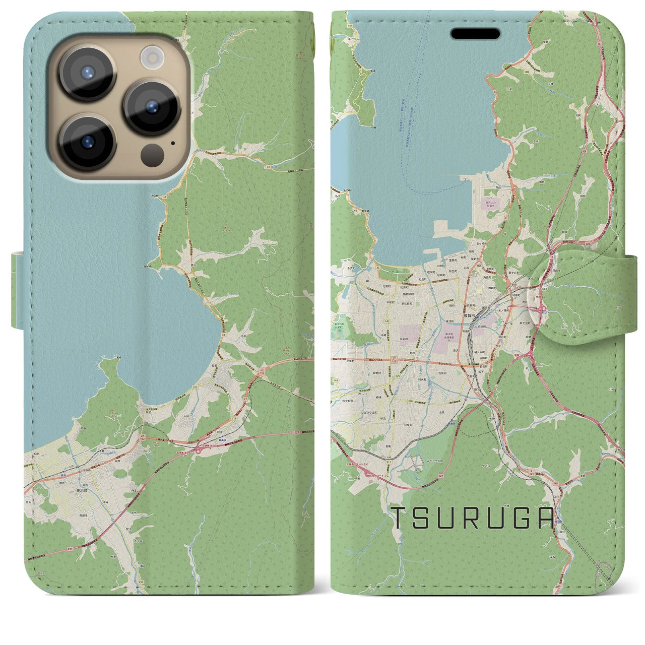 【敦賀】地図柄iPhoneケース（手帳両面タイプ・ナチュラル）iPhone 14 Pro Max 用