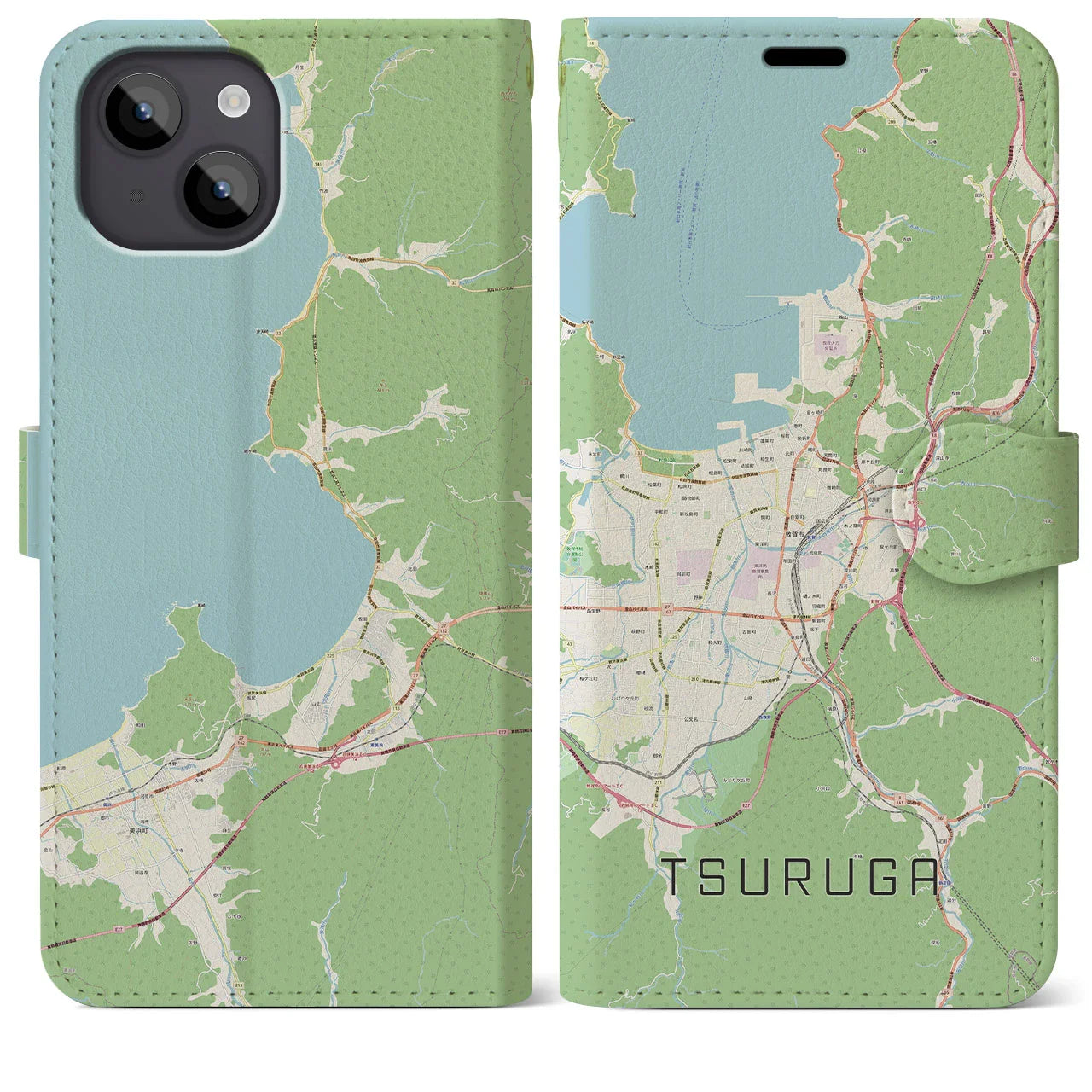 【敦賀（福井県）】地図柄iPhoneケース（手帳タイプ）ナチュラル・iPhone 14 Plus 用