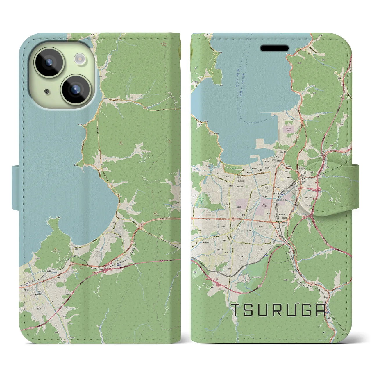 【敦賀】地図柄iPhoneケース（手帳両面タイプ・ナチュラル）iPhone 15 用