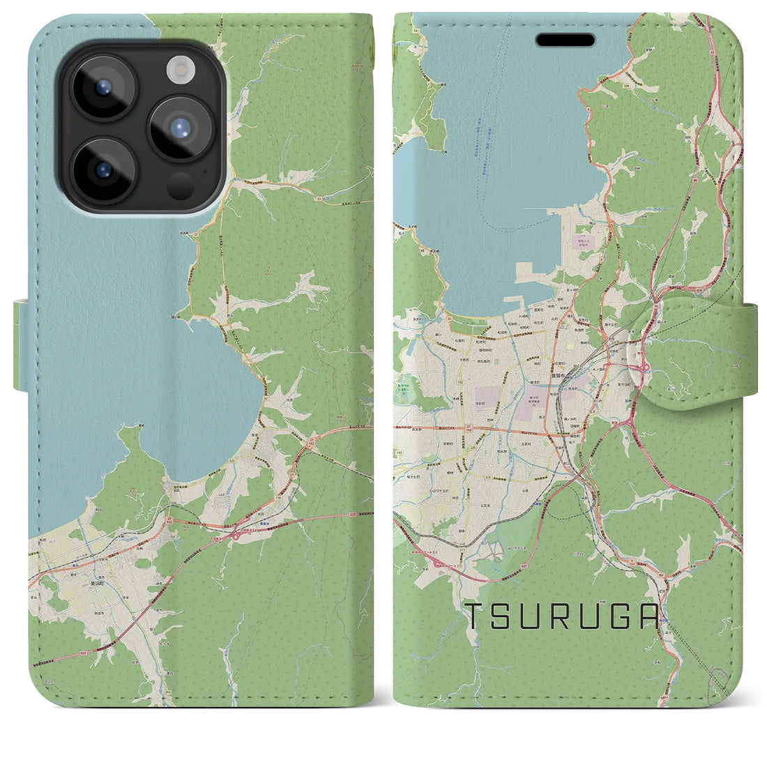 【敦賀】地図柄iPhoneケース（手帳両面タイプ・ナチュラル）iPhone 15 Pro Max 用