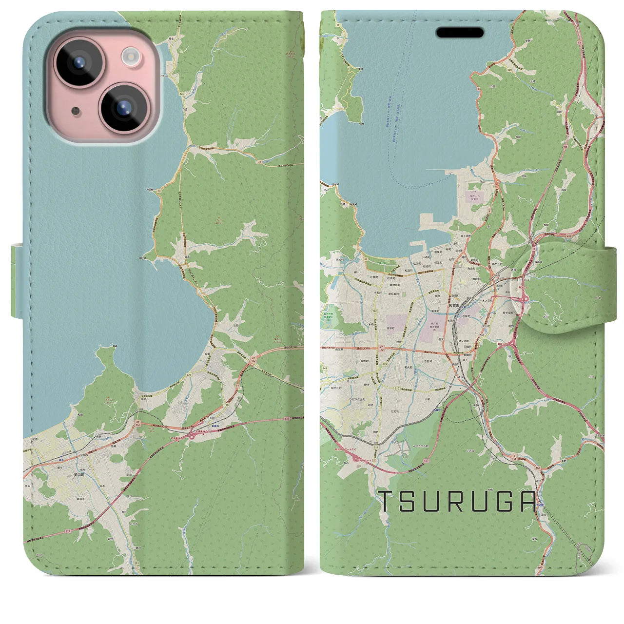 【敦賀（福井県）】地図柄iPhoneケース（手帳タイプ）ナチュラル・iPhone 15 Plus 用