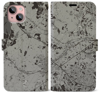 【鶴ヶ峰（神奈川県）】地図柄iPhoneケース（手帳タイプ）モノトーン・iPhone 15 Plus 用