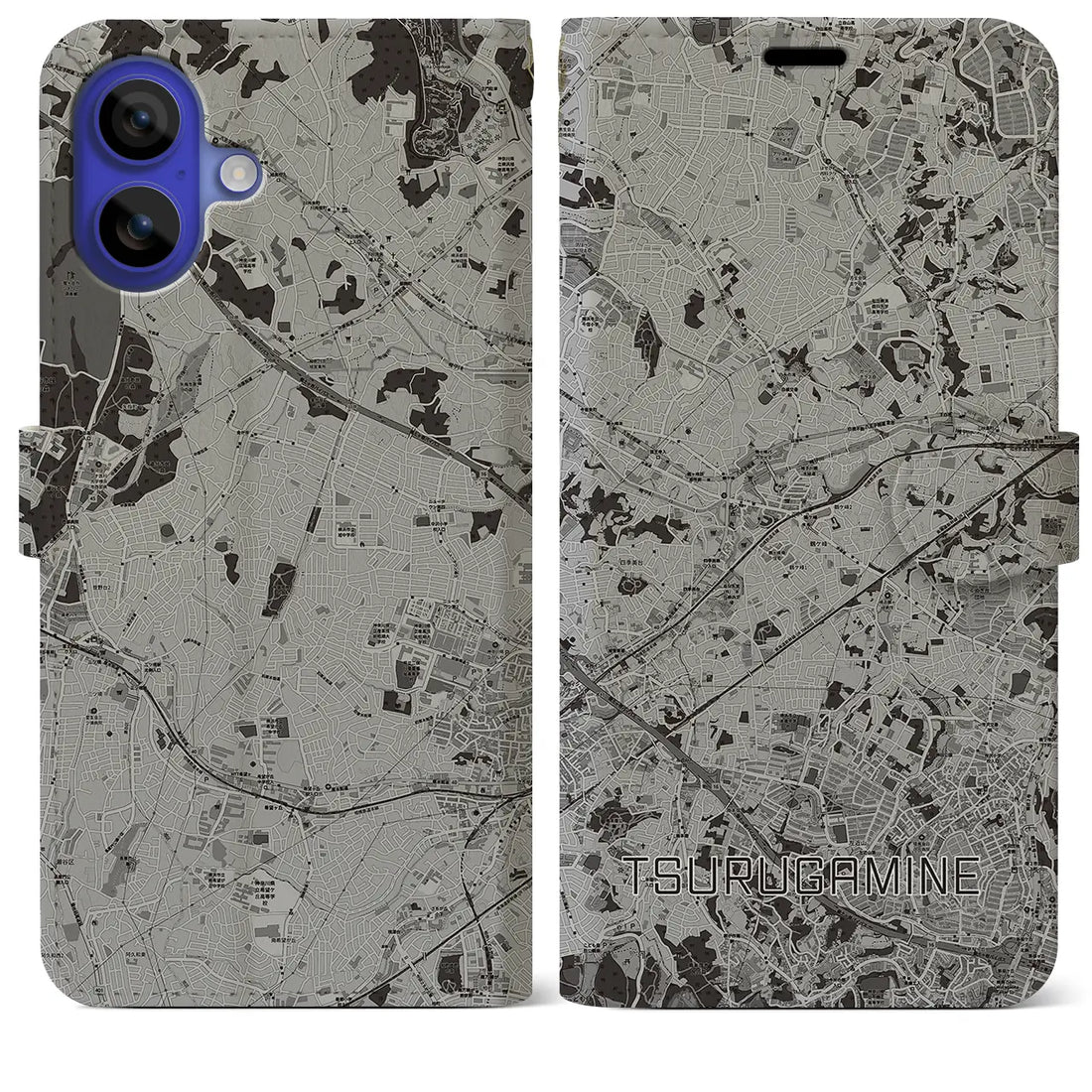 【鶴ヶ峰(神奈川県)】地図柄iPhoneケース(手帳タイプ)モノトーン・iPhone 16 Pro Max 用