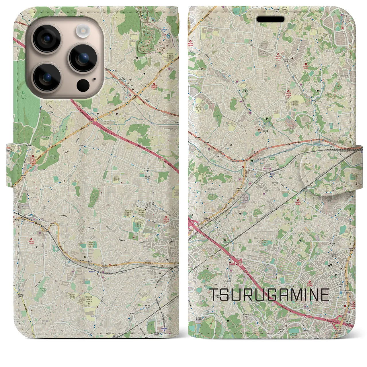 【鶴ヶ峰（神奈川県）】地図柄iPhoneケース（手帳タイプ）ナチュラル・iPhone 16 Plus 用