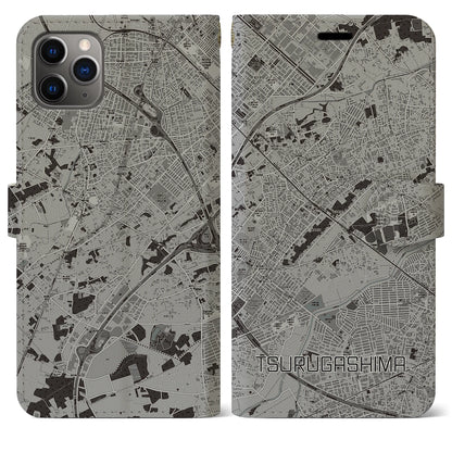 【鶴ヶ島（埼玉県）】地図柄iPhoneケース（手帳タイプ）モノトーン・iPhone 11 Pro Max 用