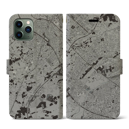 【鶴ヶ島（埼玉県）】地図柄iPhoneケース（手帳タイプ）モノトーン・iPhone 11 Pro 用