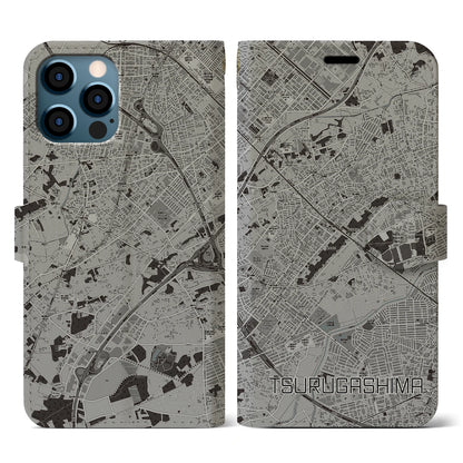 【鶴ヶ島（埼玉県）】地図柄iPhoneケース（手帳タイプ）モノトーン・iPhone 12 / 12 Pro 用