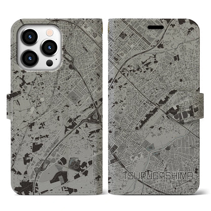 【鶴ヶ島（埼玉県）】地図柄iPhoneケース（手帳タイプ）モノトーン・iPhone 13 Pro 用