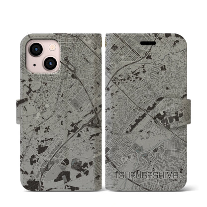 【鶴ヶ島（埼玉県）】地図柄iPhoneケース（手帳タイプ）モノトーン・iPhone 13 mini 用