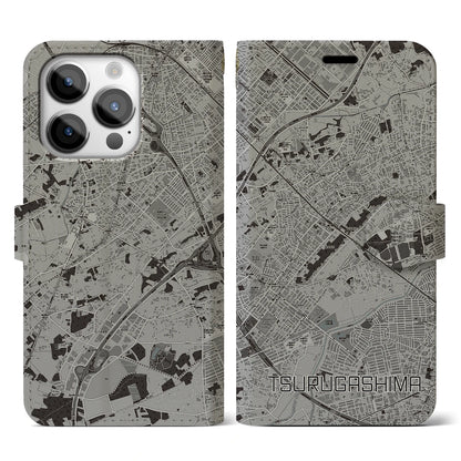 【鶴ヶ島（埼玉県）】地図柄iPhoneケース（手帳タイプ）モノトーン・iPhone 14 Pro 用