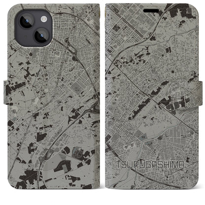 【鶴ヶ島（埼玉県）】地図柄iPhoneケース（手帳タイプ）モノトーン・iPhone 14 Plus 用