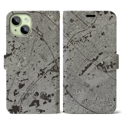 【鶴ヶ島（埼玉県）】地図柄iPhoneケース（手帳タイプ）モノトーン・iPhone 15 用