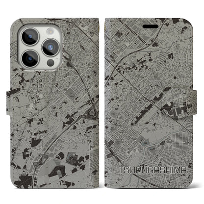 【鶴ヶ島（埼玉県）】地図柄iPhoneケース（手帳タイプ）モノトーン・iPhone 15 Pro 用