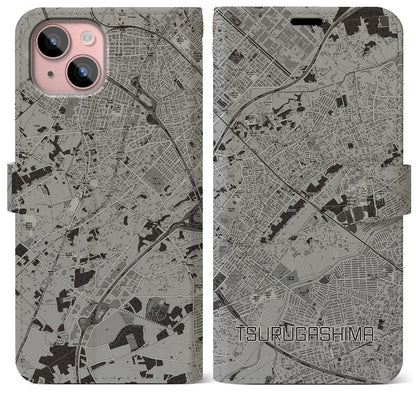 【鶴ヶ島（埼玉県）】地図柄iPhoneケース（手帳タイプ）モノトーン・iPhone 15 Plus 用