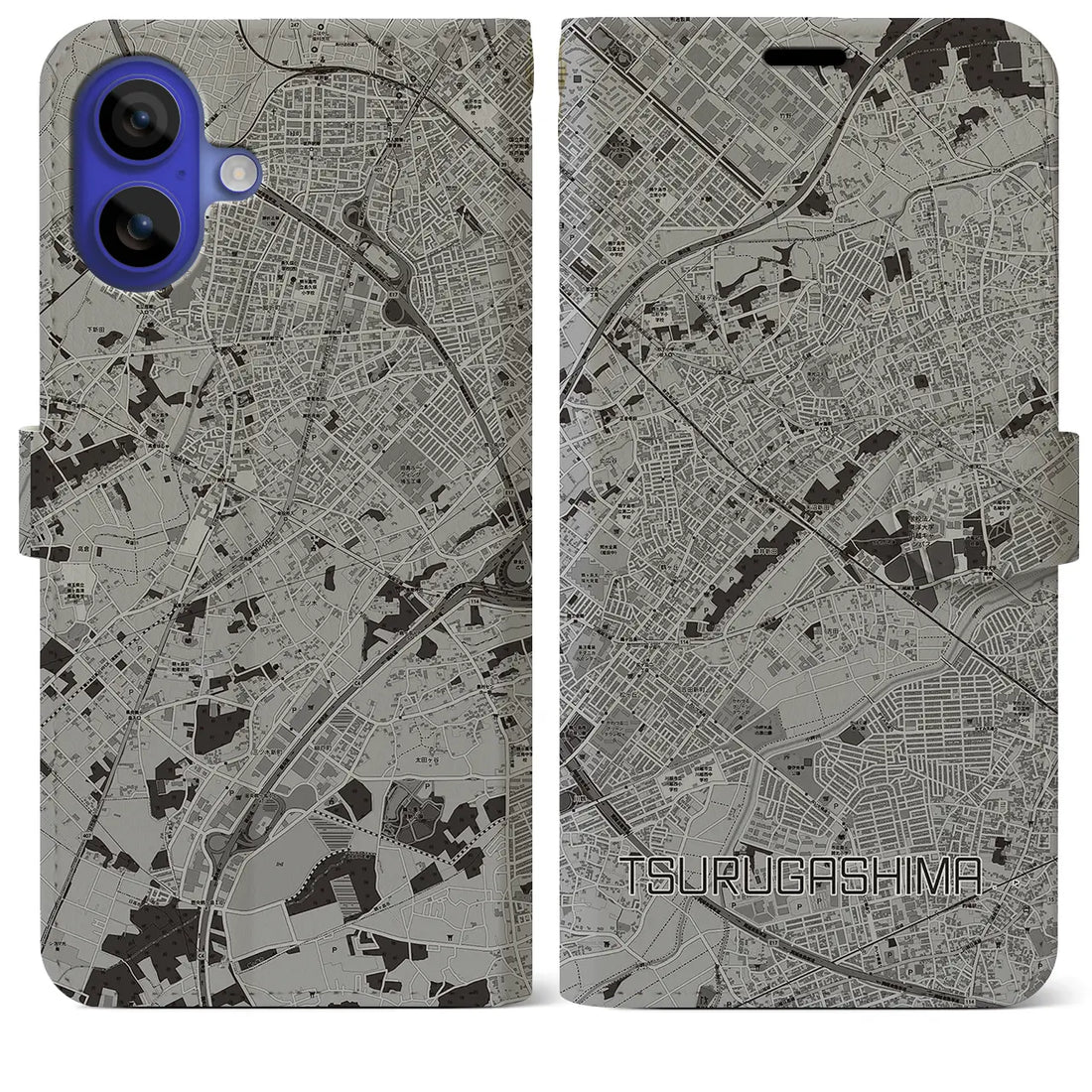 【鶴ヶ島(埼玉県)】地図柄iPhoneケース(手帳タイプ)モノトーン・iPhone 16 Pro Max 用