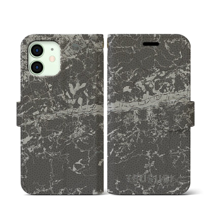 【つるぎ（徳島県）】地図柄iPhoneケース（手帳タイプ）モノトーン・iPhone 12 mini 用