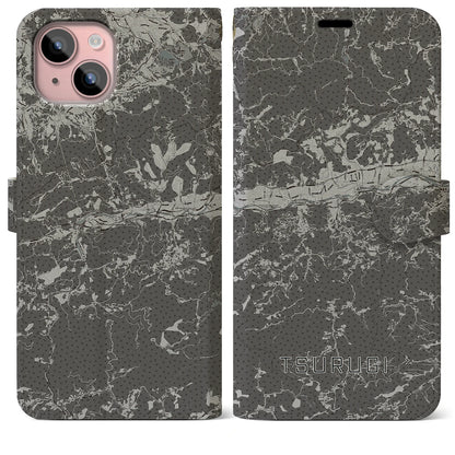 【つるぎ（徳島県）】地図柄iPhoneケース（手帳タイプ）モノトーン・iPhone 15 Plus 用