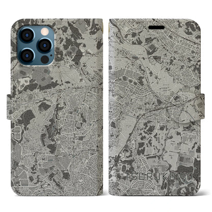 【鶴川（東京都）】地図柄iPhoneケース（手帳タイプ）モノトーン・iPhone 12 / 12 Pro 用