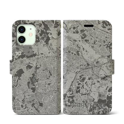 【鶴川（東京都）】地図柄iPhoneケース（手帳タイプ）モノトーン・iPhone 12 mini 用